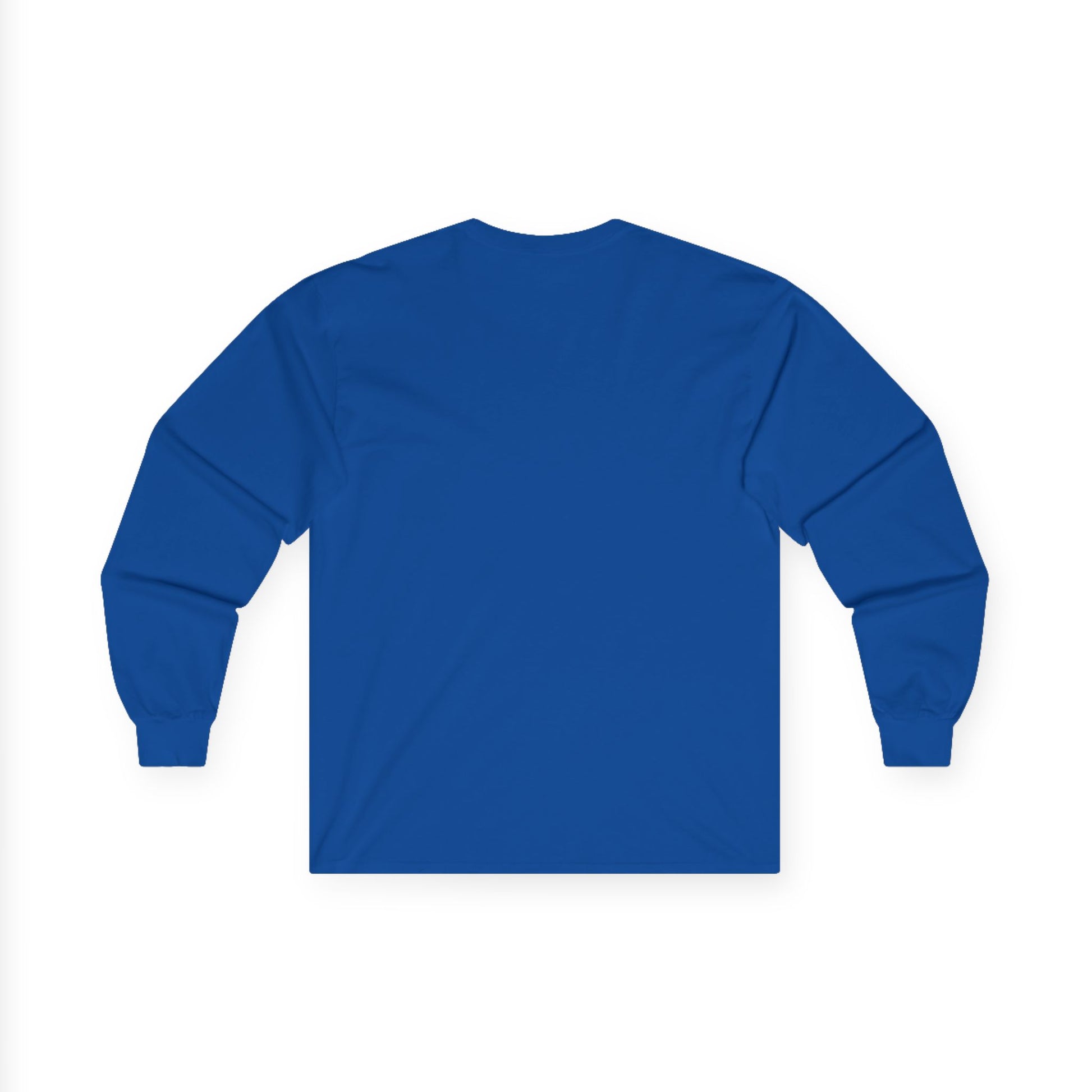 Back view of royal blue Gildan 2400 long sleeve unisex t-shirt, featuring cuffed sleeves and solid color design, ideal for custom printing and casual wear.
