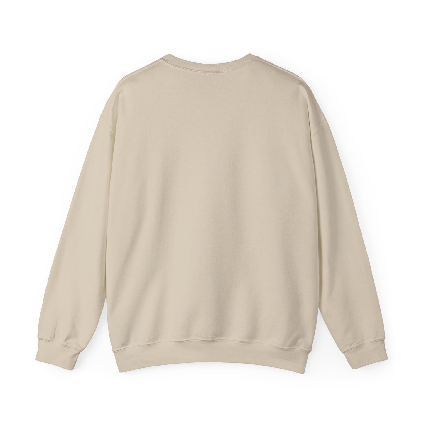 Back view of sand beige Gildan 18000 unisex crewneck sweatshirt with long sleeves, blank solid design ready for printing.