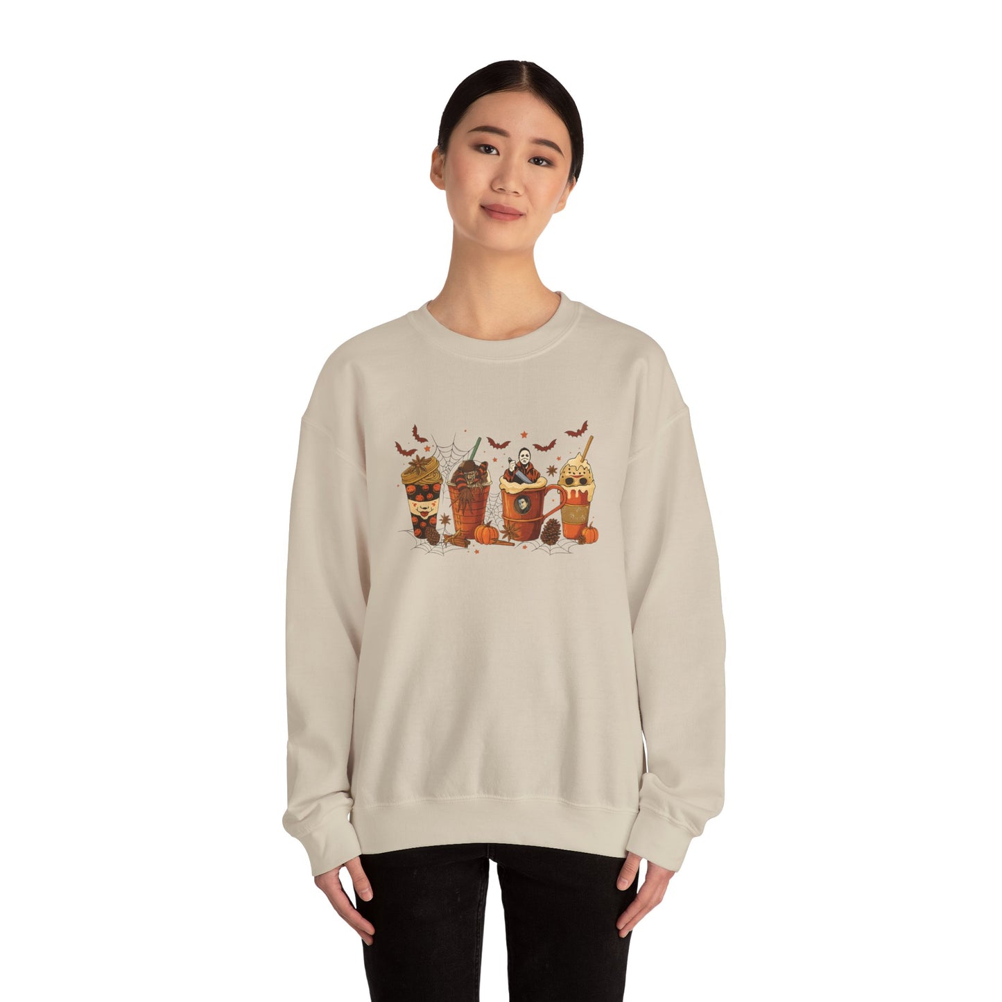 Sand beige Gildan 18000 unisex crewneck sweatshirt with Halloween horror coffee drinks design, shown on model for casual everyday wear.
