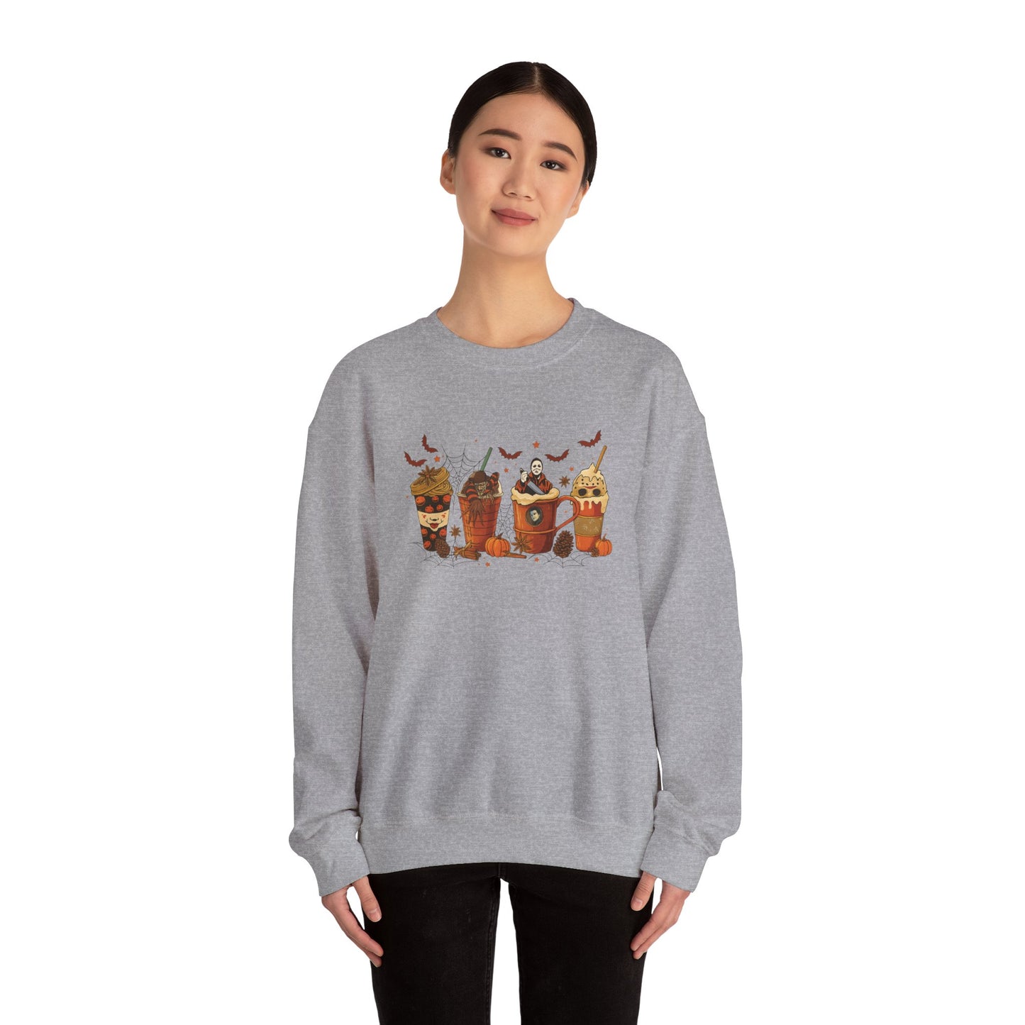 Sport Gray Gildan 18000 unisex crewneck sweatshirt with Halloween horror coffee drinks design, shown on model for cozy seasonal wear.