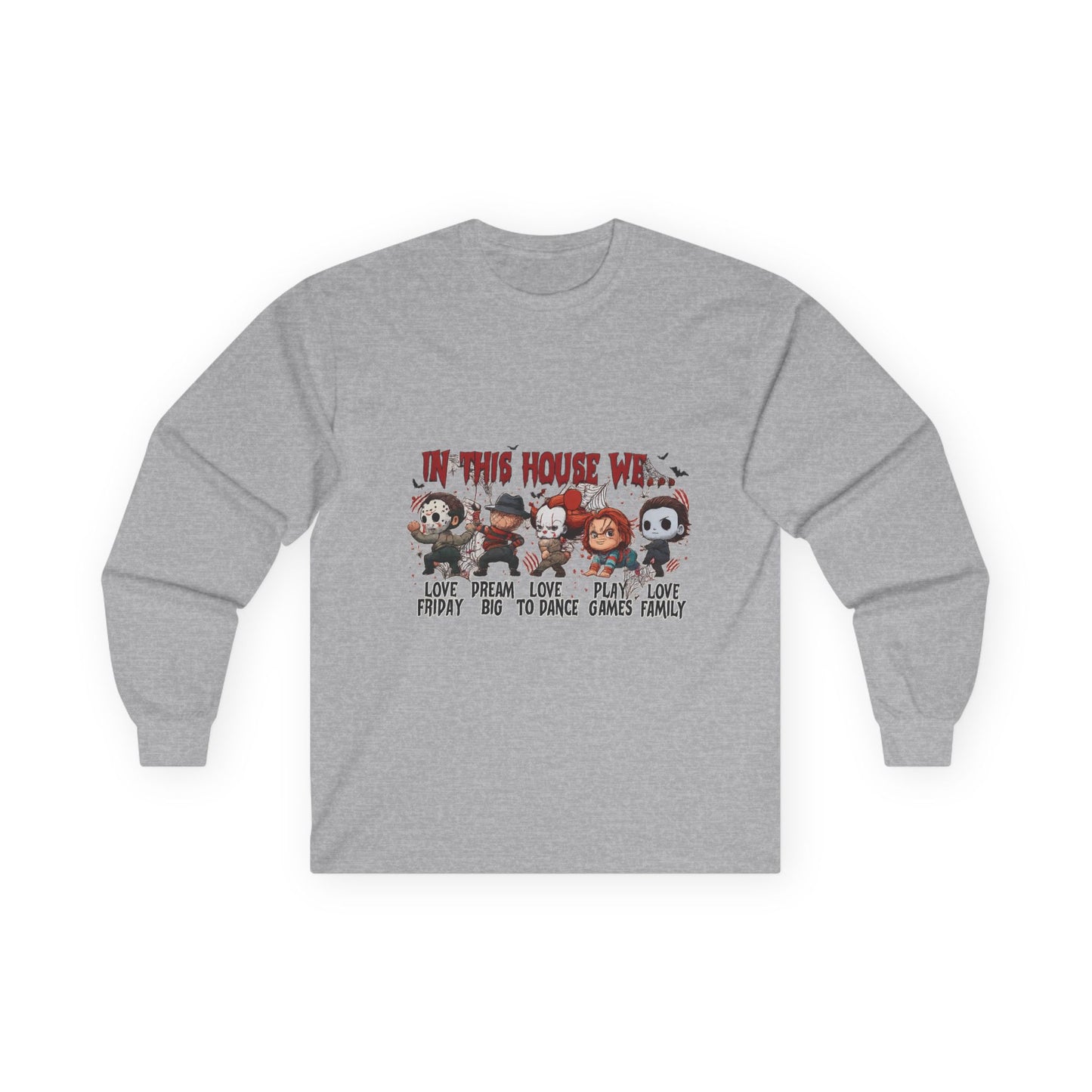 Sport Gray Gildan 2400 long sleeve unisex t-shirt with spooky “In This House We” Halloween design featuring horror movie icons.