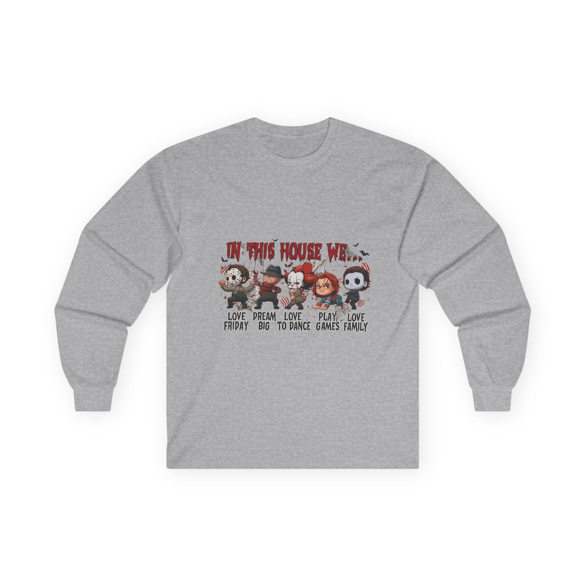 Sport Gray Gildan 2400 long sleeve unisex t-shirt with spooky “In This House We” Halloween design featuring horror movie icons.