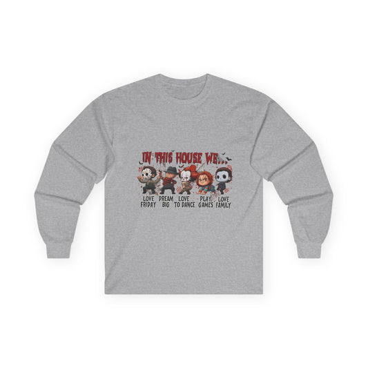 Sport Gray Gildan 2400 long sleeve unisex t-shirt with spooky “In This House We” Halloween design featuring horror movie icons.