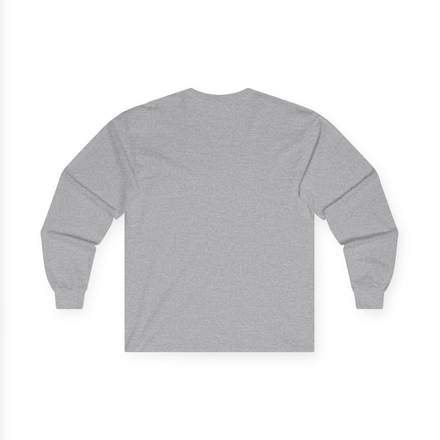 Back view of Sport Gray Gildan 2400 long sleeve unisex t-shirt, featuring cuffed sleeves and heather gray solid color design, perfect for custom printing, layering, and casual wear.