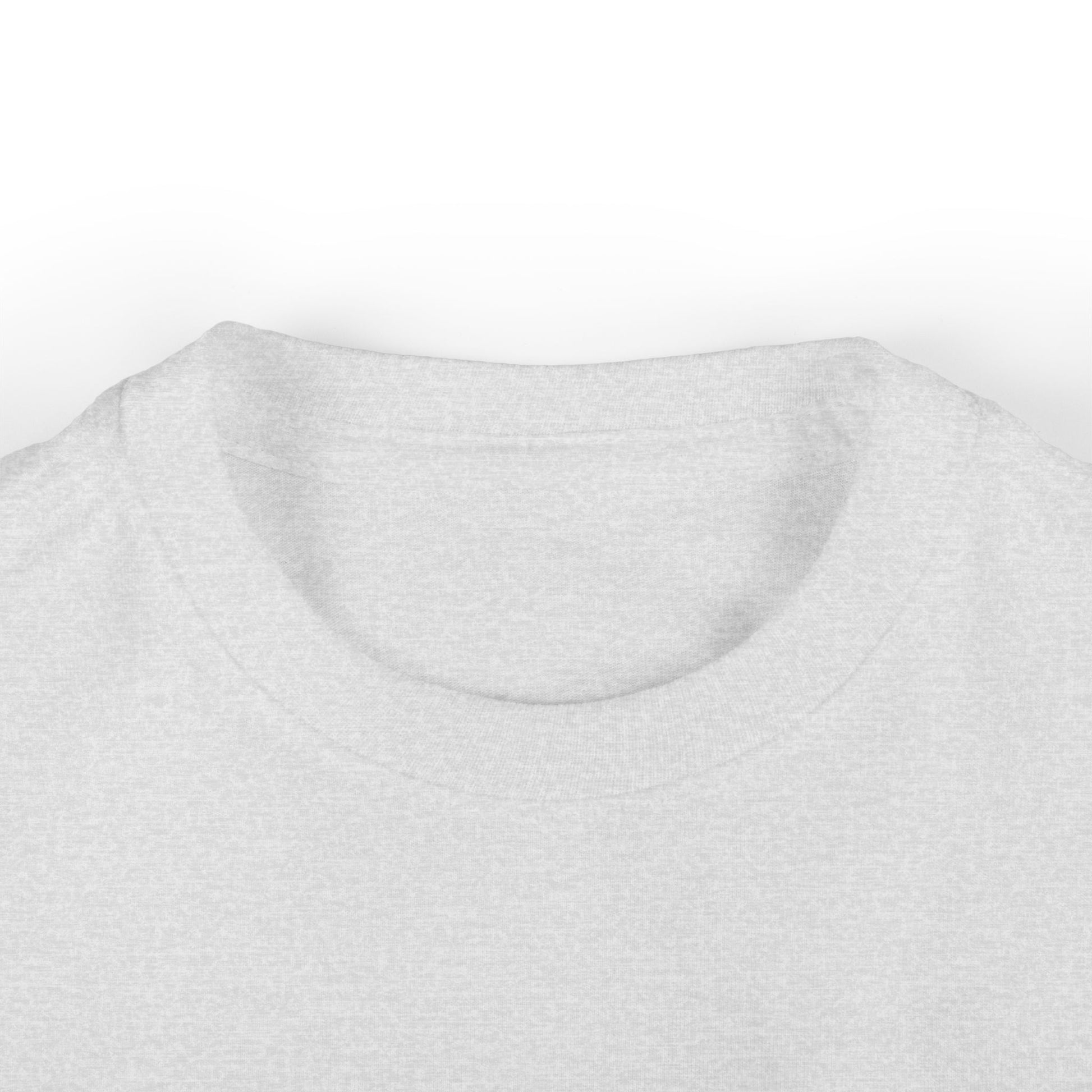 Close up neckline of toddler athletic heather grey blank t-shirt for custom printing