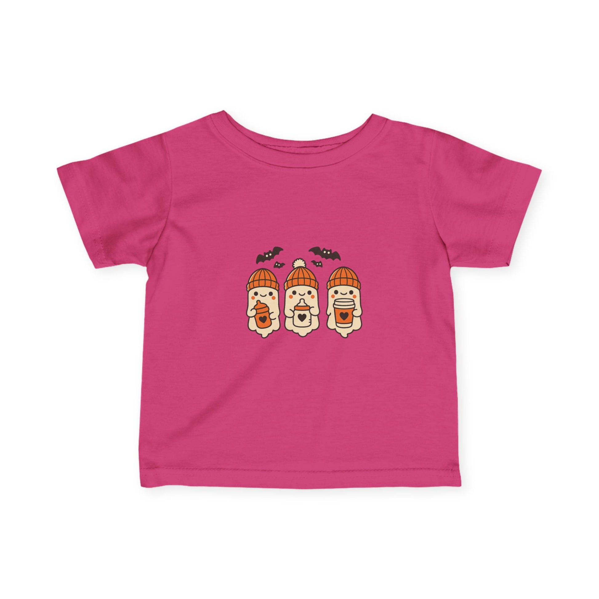 Bright pink toddler Halloween t-shirt with cute ghost trio design wearing orange knit hats, bats flying above.