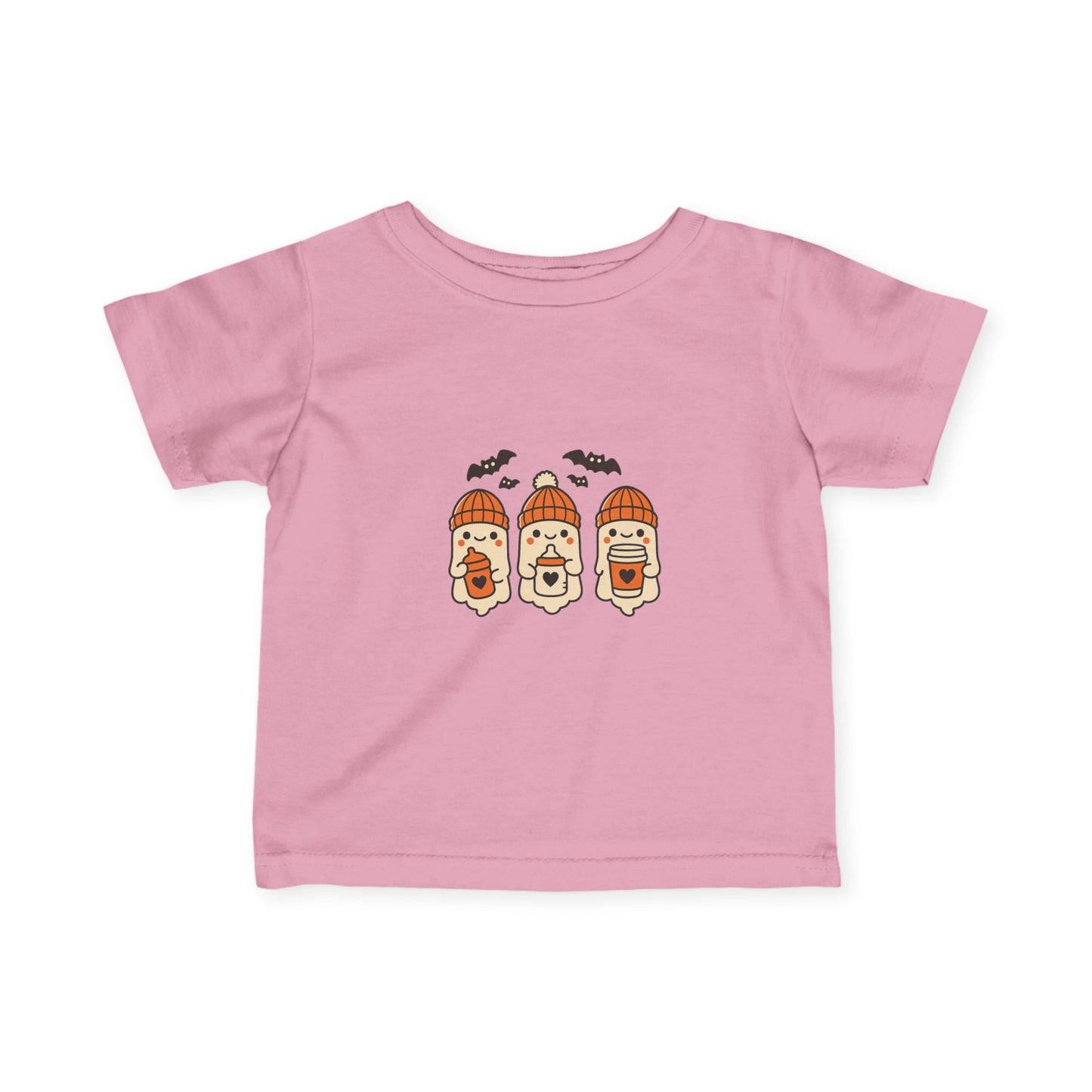 Light pink toddler Halloween graphic tee with three smiling baby ghosts in orange beanies and bats above.