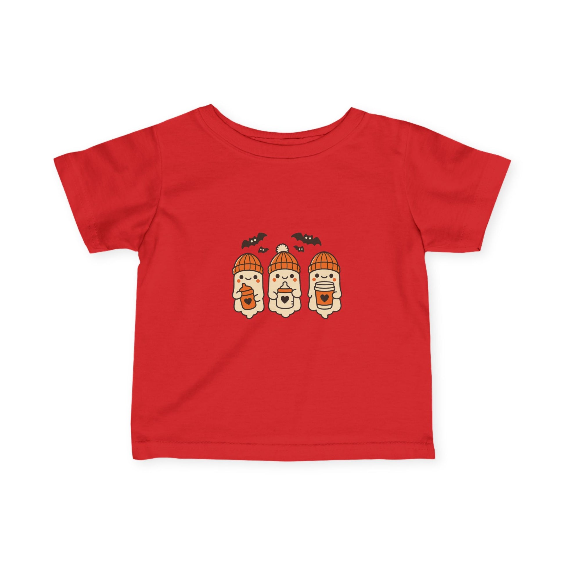 Red toddler Halloween t-shirt featuring playful ghost design with orange beanies, drinks, and flying bats.