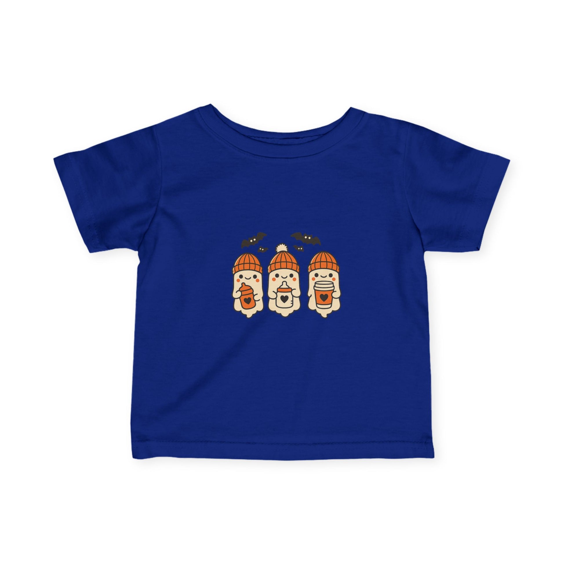 Royal blue toddler Halloween t-shirt with three cute ghost characters wearing orange beanies, holding drinks, with flying bats design.