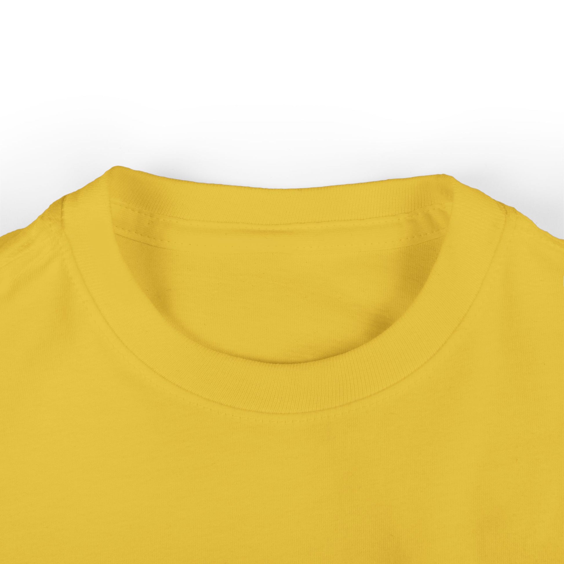 Neckline close-up of toddler short sleeve t-shirt in bright yellow