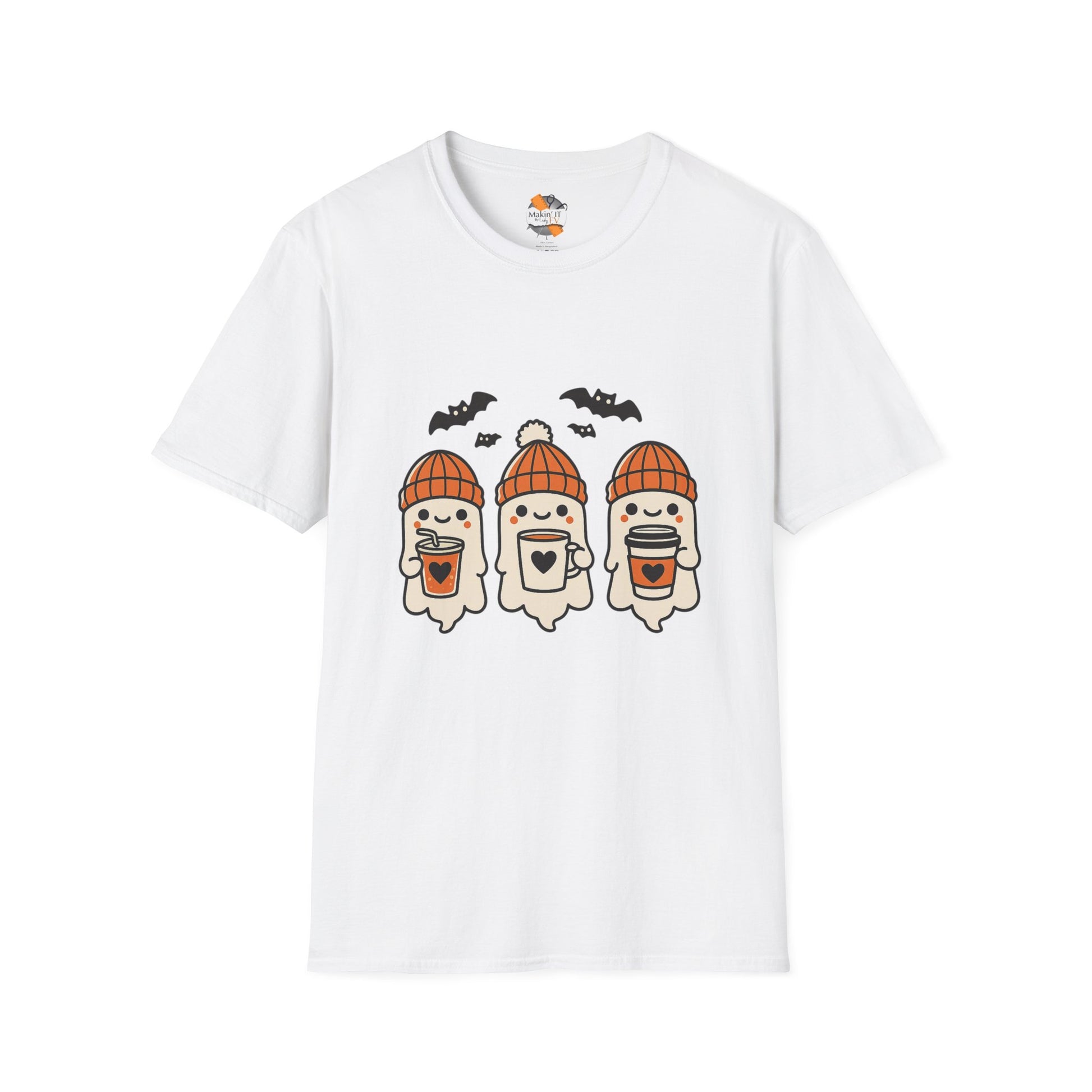 White t-shirt with cute Halloween ghosts wearing orange beanies, holding coffee cups, and flying bats