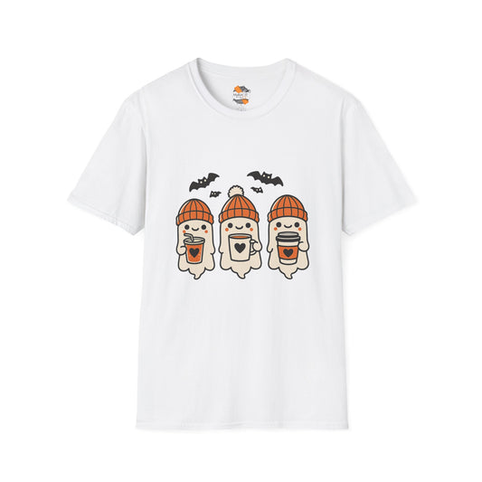 White t-shirt with cute Halloween ghosts wearing orange beanies, holding coffee cups, and flying bats