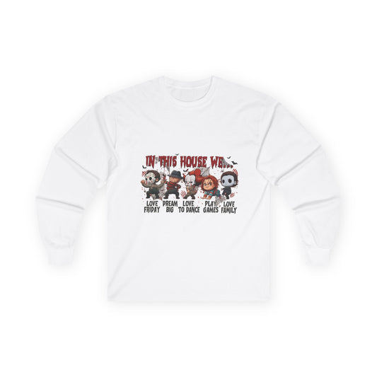 White Gildan 2400 long sleeve unisex t-shirt with Halloween “In This House We” graphic featuring classic horror movie characters.