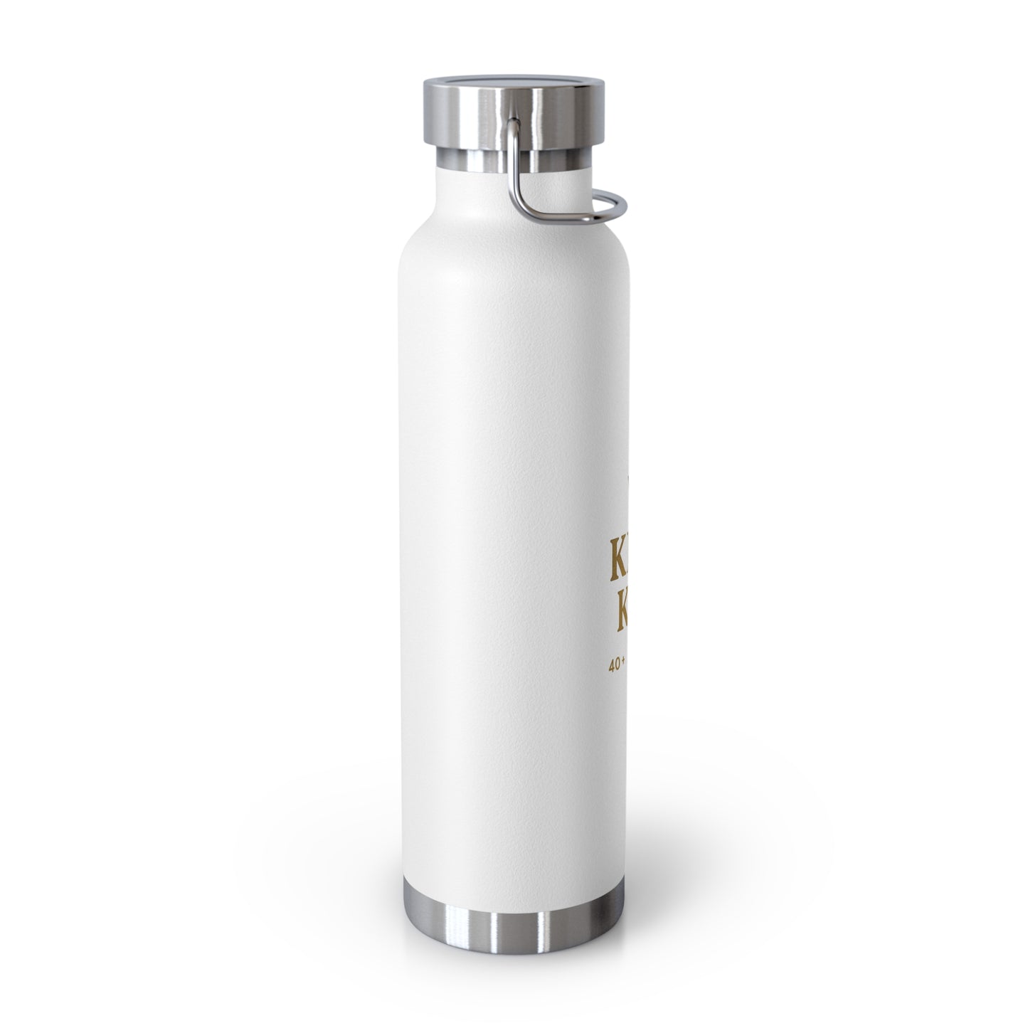White stainless steel King Kev water bottle with gold crown design angled left