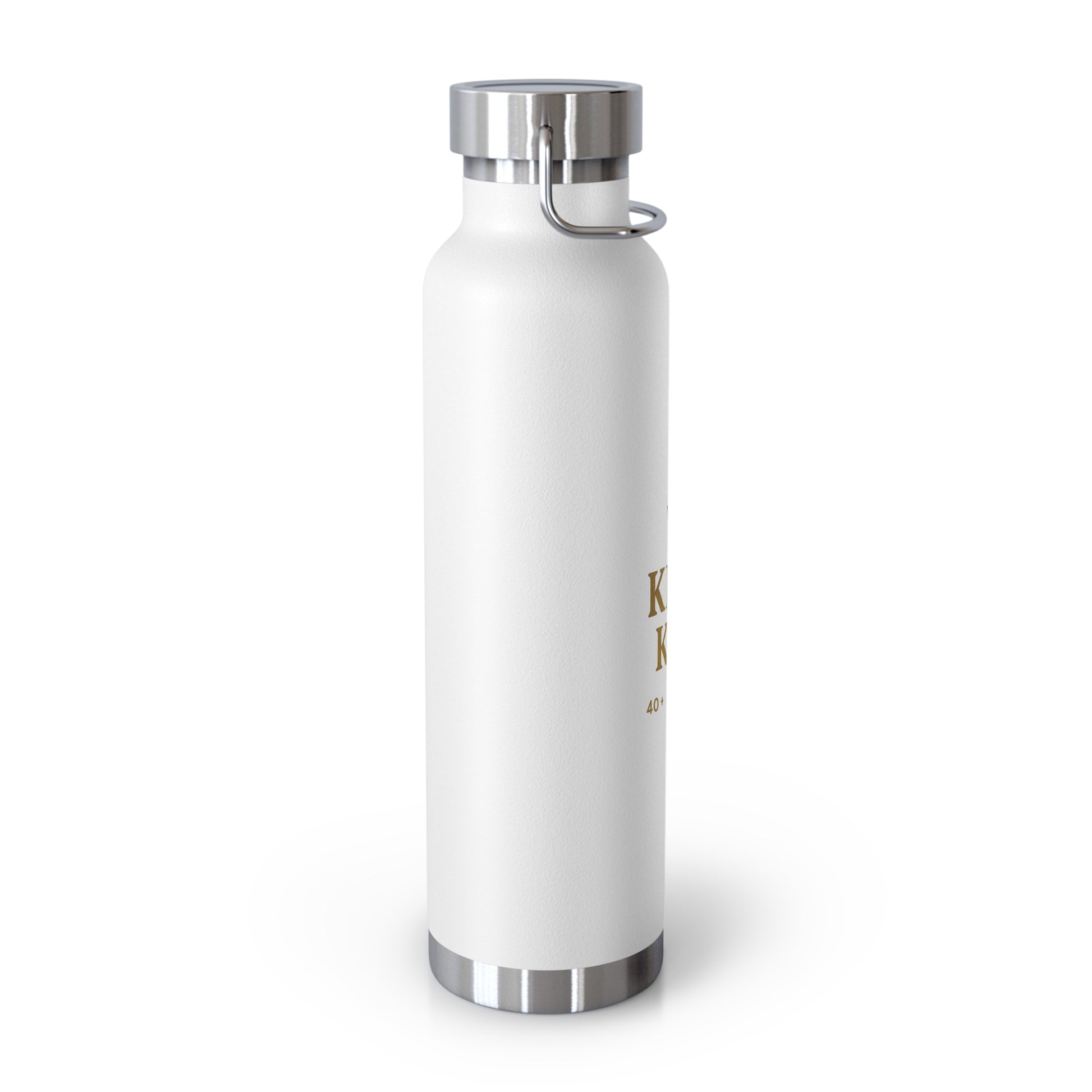 White stainless steel King Kev water bottle with gold crown design angled left