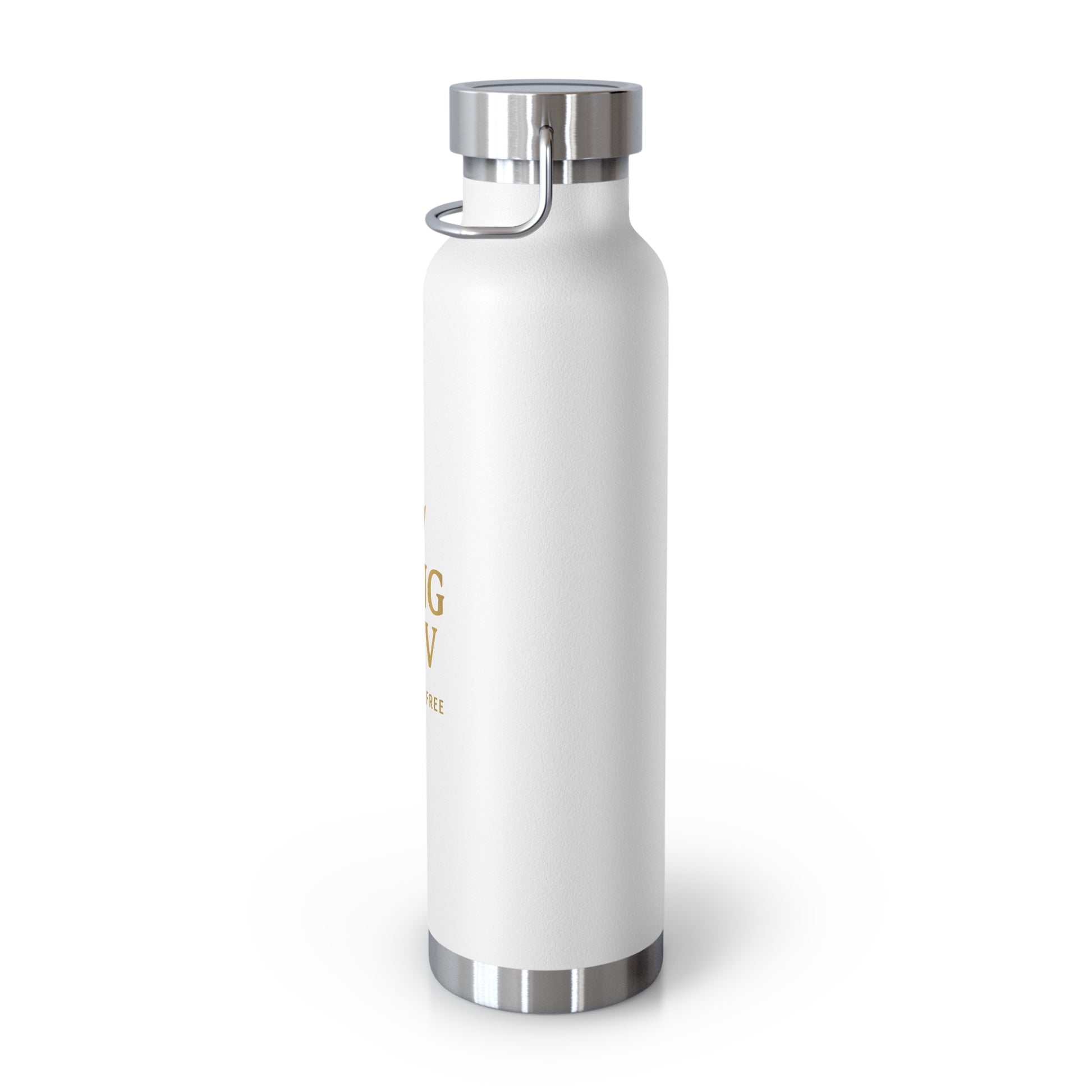 White stainless steel King Kev water bottle with gold crown design angled right