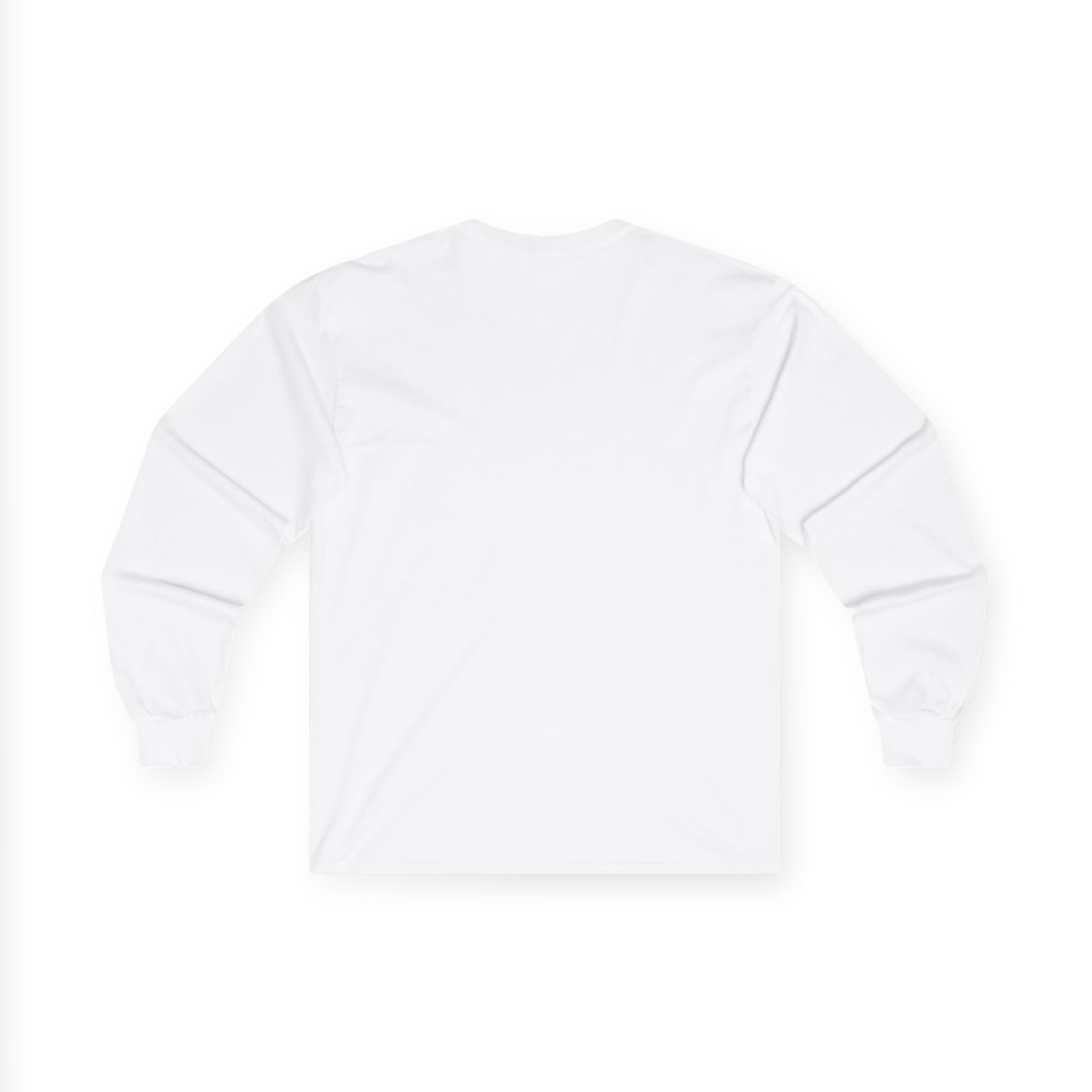 Back view of white Gildan 2400 long sleeve unisex t-shirt, featuring cuffed sleeves and solid white design, ideal for custom printing, layering, and casual wear.